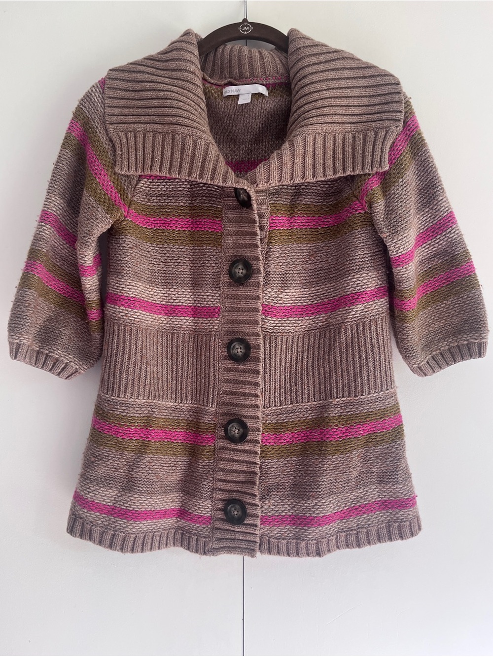 Old Navy Taupe Brown Cardigan with Pink & Olive Stripes